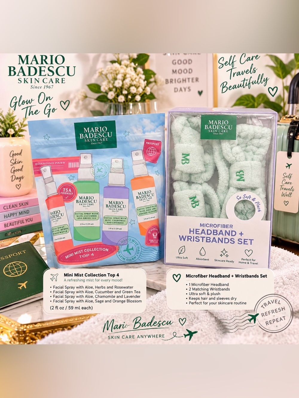 Mario Badescu Mint Microfiber Headband + Wristbands Set incl Skincare Set